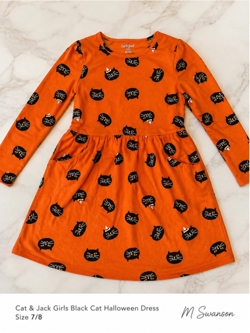 Cat & Jack Girls Size 7/8 Orange Black Cat Halloween Dress with Pockets